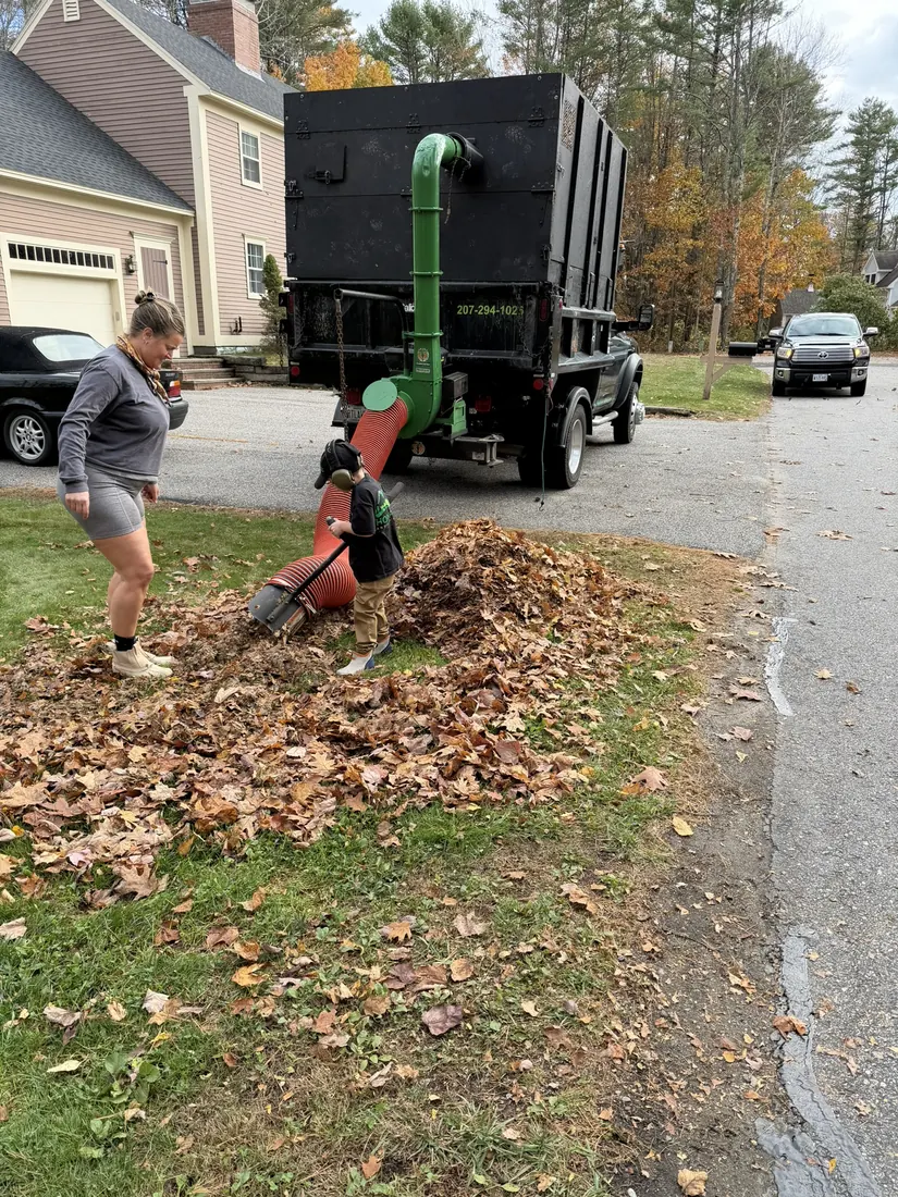 Crew collecting fallen leaves beside a garden and driveway
